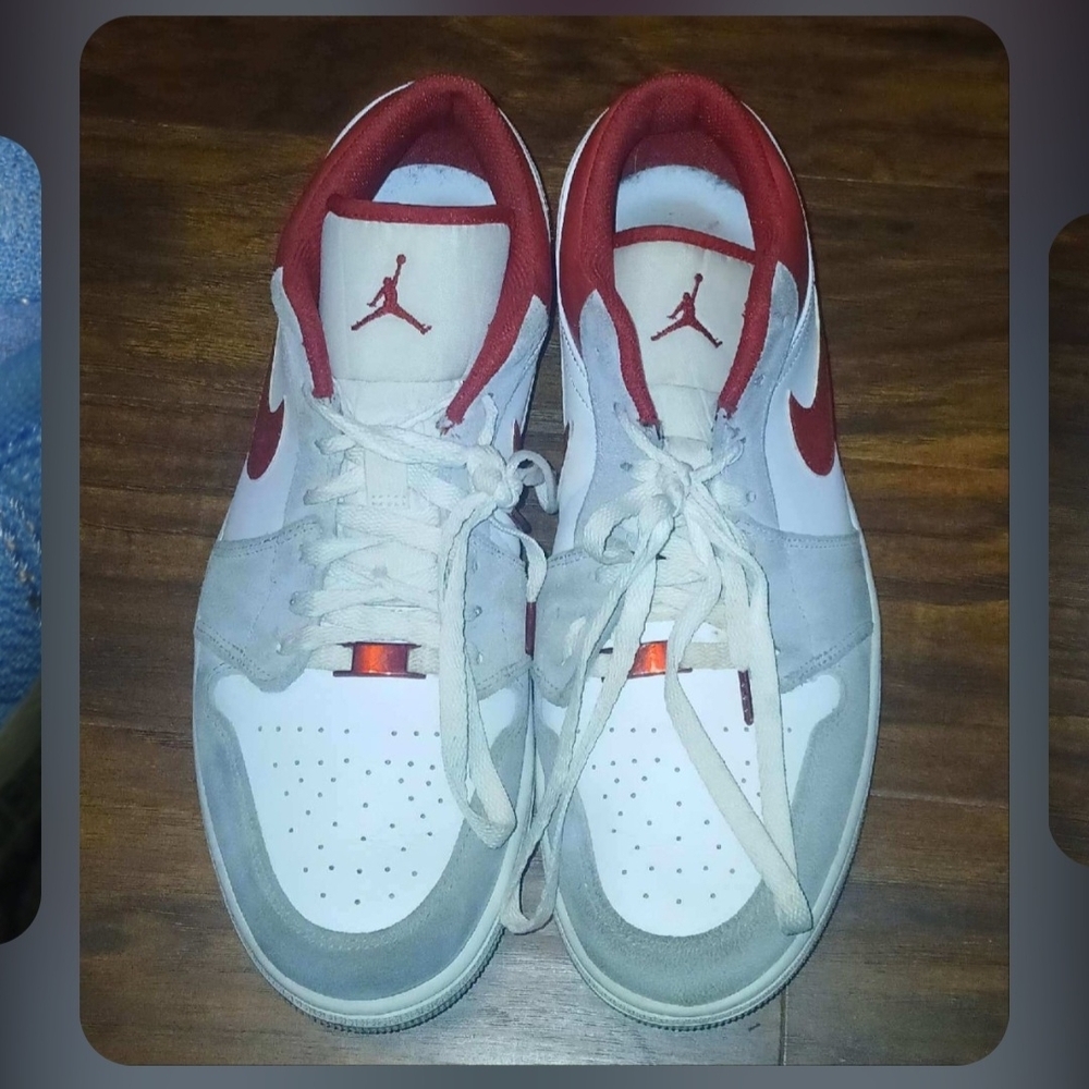 Nike Air Jordan 1 Low SE sneakers in the "Light Smoke Grey Gym Red" colorway. 
